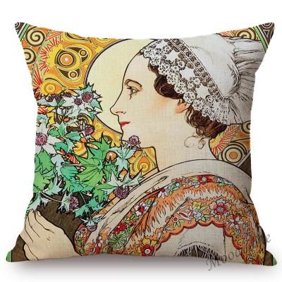 Vintage European Art Nouveau Mucha Gallery Decorative Sofa Pillow Cover Beautiful Beauty Girl Cotton Linen Luxury Cushion Cover