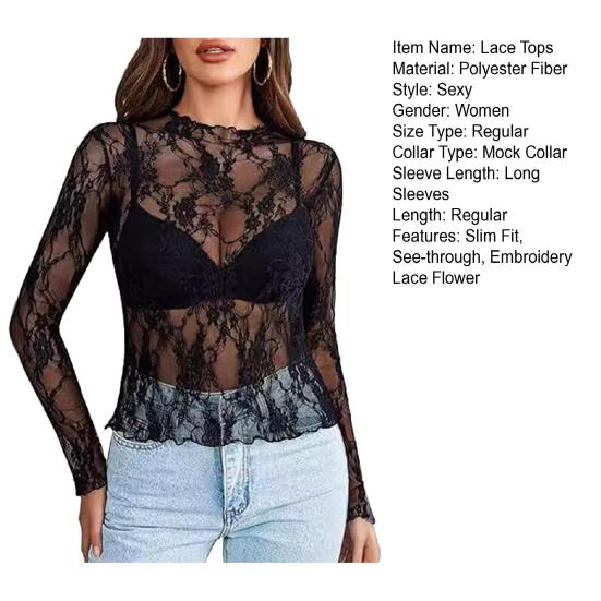 Women Tops Mock Collar Long Sleeve Slim Fit Blouses Sexy See-through Floral Embroidered Lace Mesh Shirt