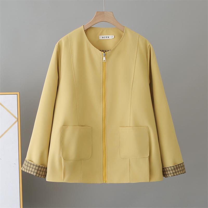 

2026 Spring Plus Size Women s Plaid Cuff Long Sleeve Cardigan Coat, Round Neck Versatile Top 2605 XL жёлтый