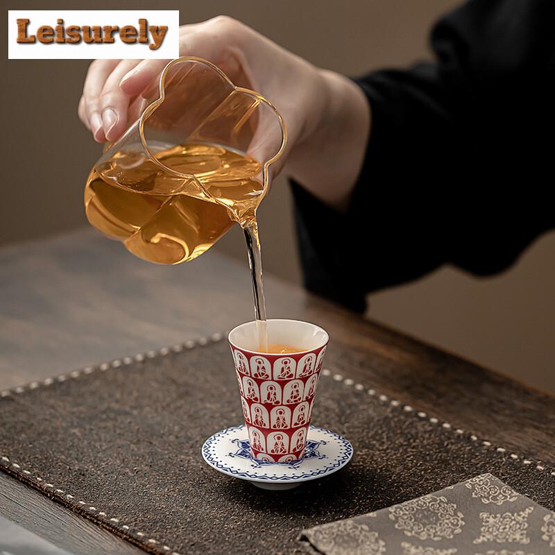 35ML Creative Thousand Buddha Teacup White Porcelain Red Dust Cup Saucer Set Tea Bowl with Holder Kit Personal Chazahan Teaset