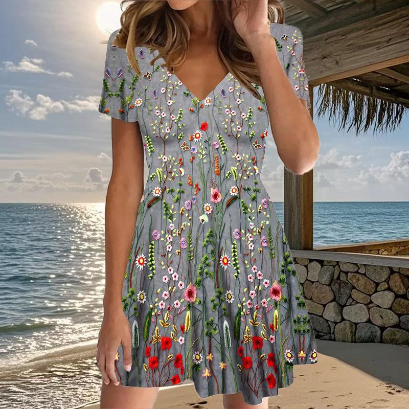 Sommermode Damen V-Ausschnitt Kurzarm Batikdruck Kleid Sexy Kurzer Rock Kleider