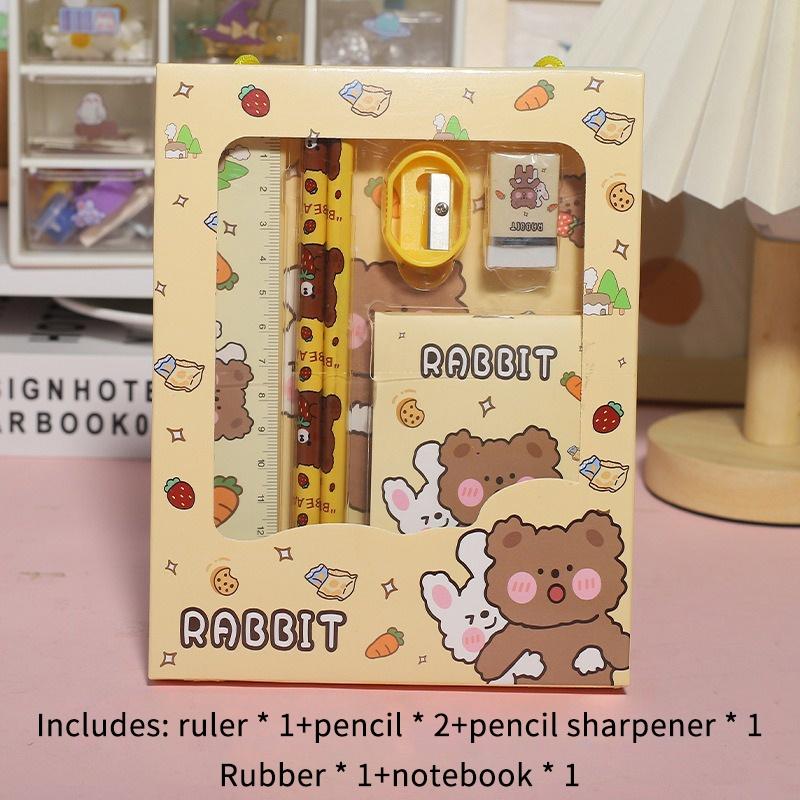 5/6Pcs Cartoon Stationery Set With Pencil Ruler Eraser Sharpener Notebook For Kids Students Back To School Daily Study Gifts