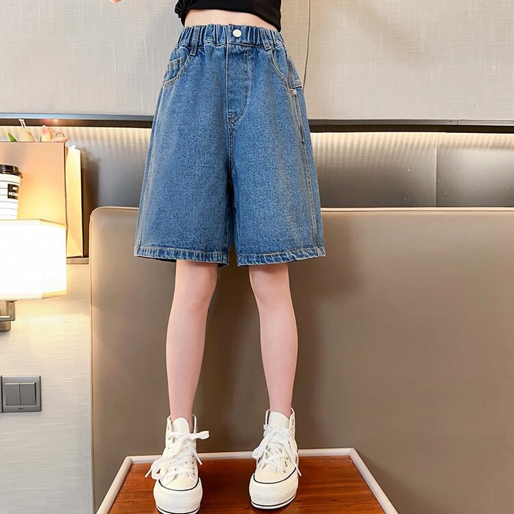 Girls' Summer Denim Mid-Length Fashionable Wide-Leg Shorts
