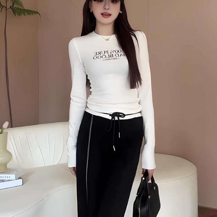 Ladies Autumn Winter Long Sleeve Crew Neck Slim Fit Basic Letter Printed Pullover T Shirt Top for Layering