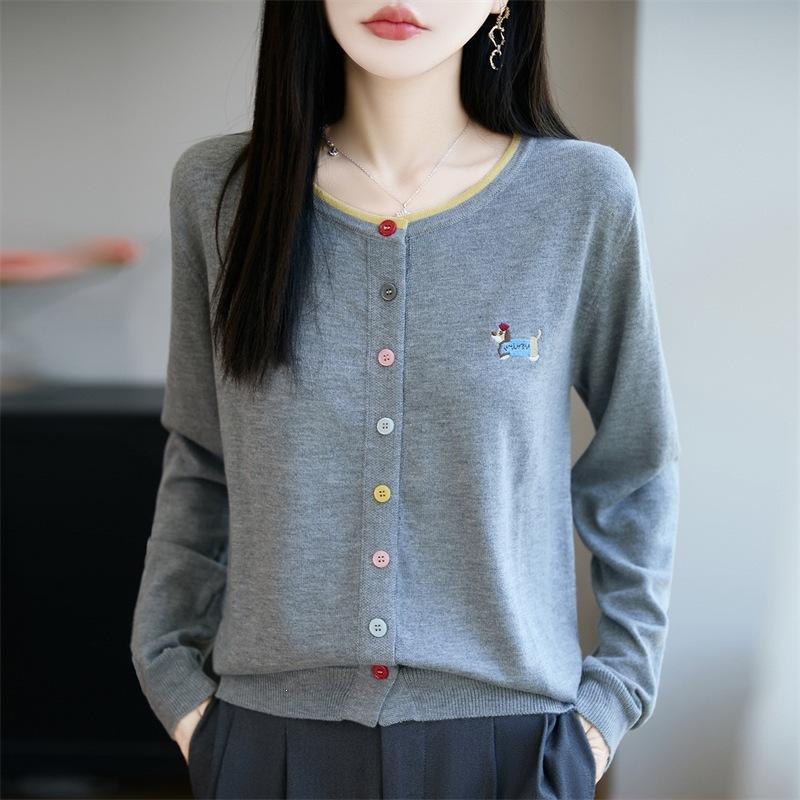 Round-neck Knitted Cardigan with Long Sleeves, Embroidered Puppy Pattern In Multi-color, As A Coat or Outerwear
