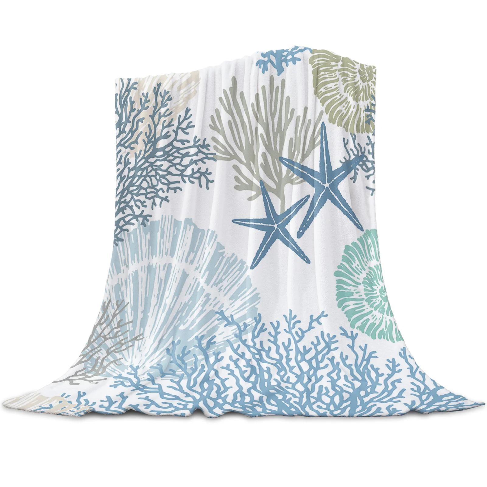 

Blue Marine Coral Shells Starfish Throws Blankets for Sofa Bed Winter Soft Plush Warm Sofa Throw Blanket Holiday Gifts 100cmx150cm