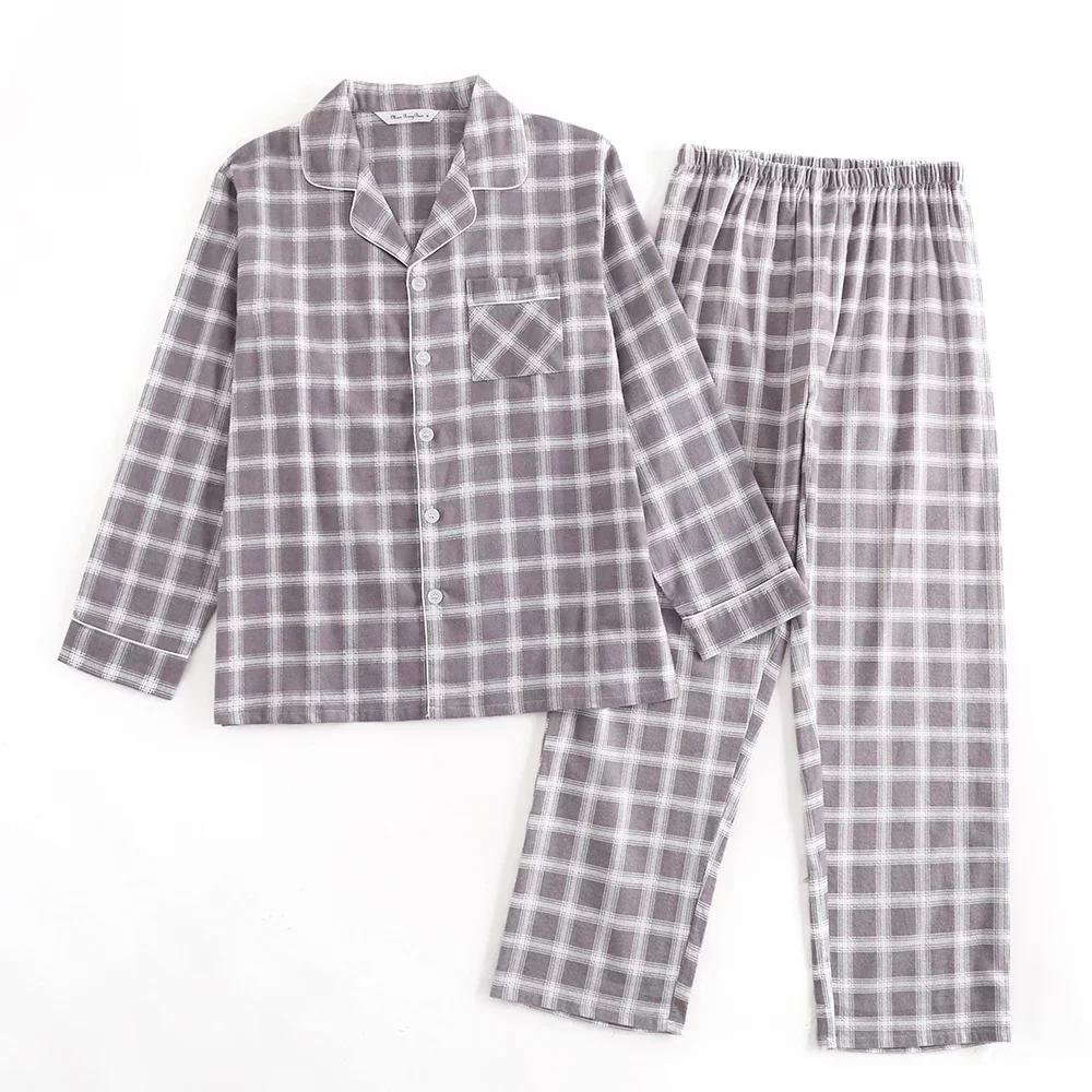 Rutet design Flerfarget Varm bomullsflanell Langermet Bukser Pyjamas for menn Høst og Vinter Hjemmeklær Nattøy Sett