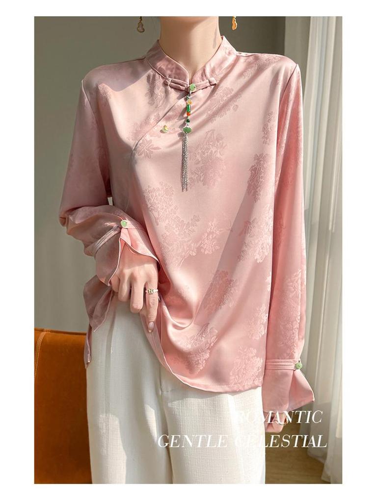 Silk Satin 2026 Spring/Summer Women's Floral Stand Collar Long Sleeve Top