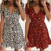 V-Neck Short Sleeve Waist Tight Mini Dress Sexy Leopard Print Women Dress Female Clothing