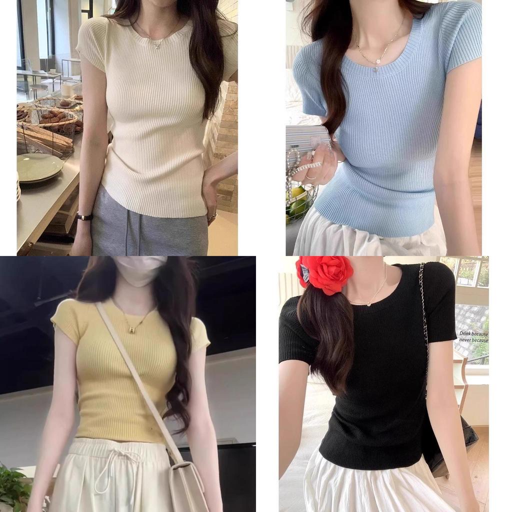 Dopamine Yellow Knit Ice Silk Short Sleeve Tshirt For Summer Casual Wear