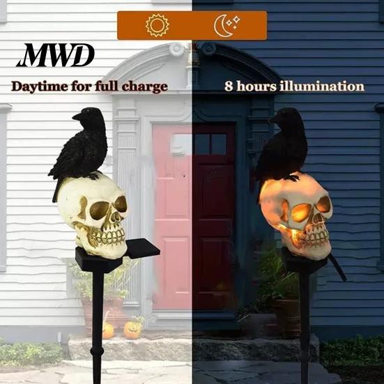Solar Powered Pathway Lighting LED Crow Skull Light, Waterproof Halloween Gothic Decorative Stakes for Flowerbeds on Skeleton Head Stake Lamp Garden,