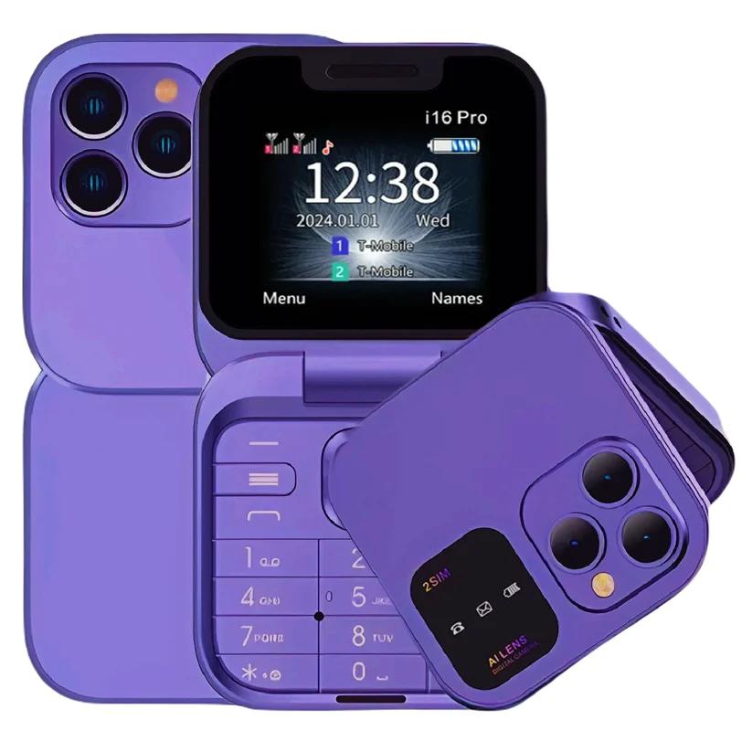 I16 Pro Dual SIM Non-smartphone Foldable Flip Pushbutton Phone MP3 Magic Voice Flashlight Speed Dial Senior Clamshell CellPhone