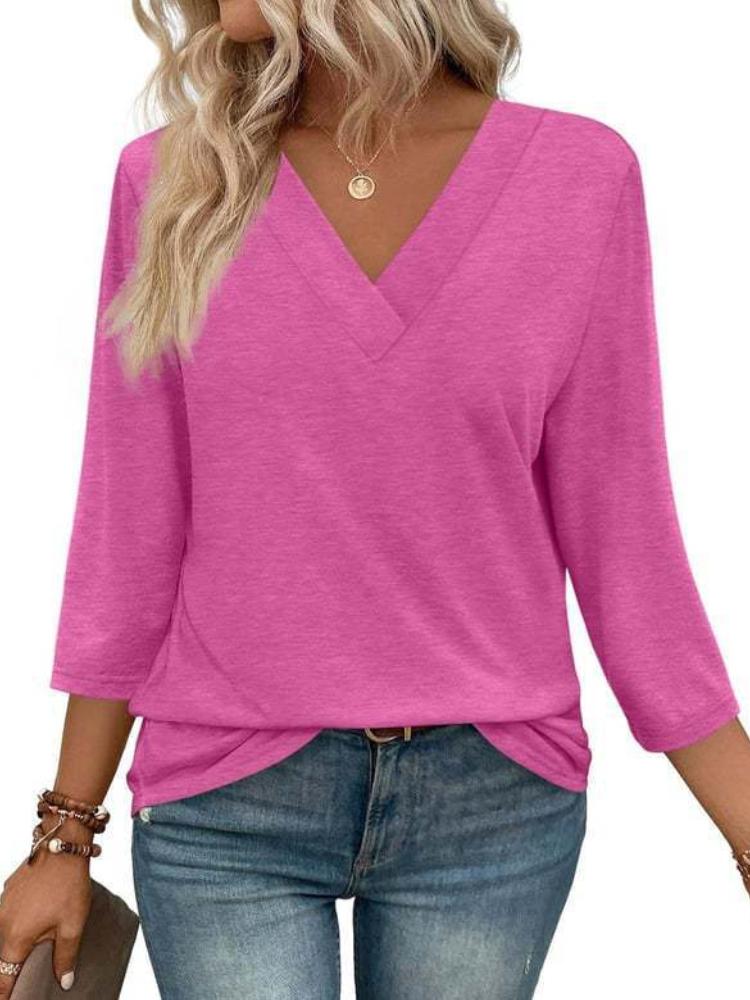 Dámský top s V-výstřihem a 7/8 rukávem, ležérní dámské pletené tričko se zavazováním v pase