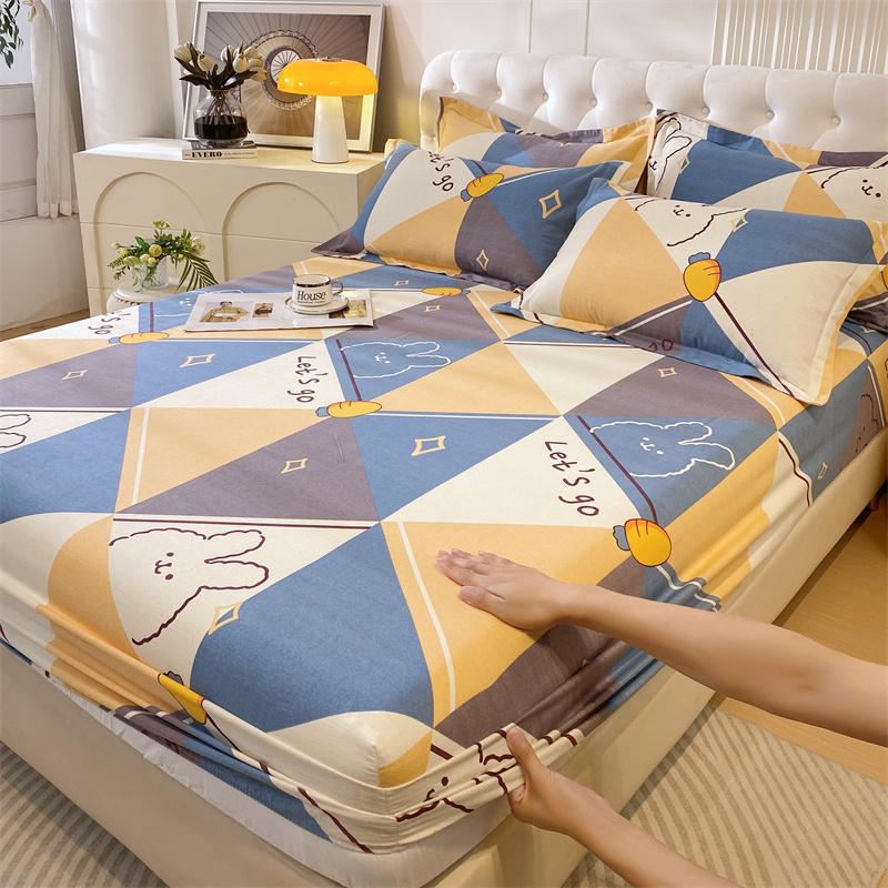 Classic Floral Pattern Fitted Sheet Set 100% Cotton Thickened Fitted Sheet Soft Skin-friendly Mattress Cover with 2 Pillowcases