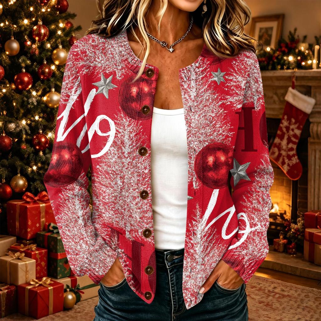 Damen Casual Christmas Print Langarm Knopfleiste Strick Cardigan Pullover Mantel für Feiertagskleidung
