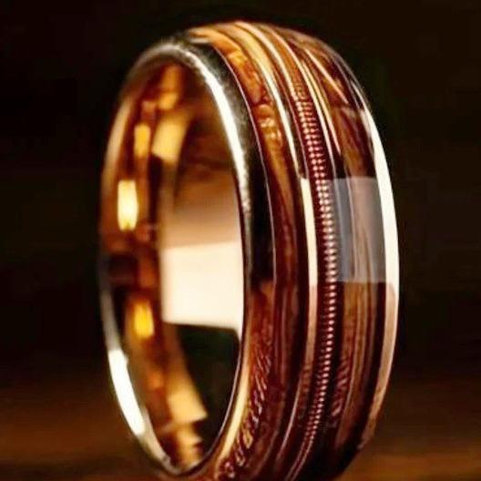 Men's Wide Band Ring With Whiskey Barrel Wood And Guitar String Inlay Unique Wooden Jewelry
