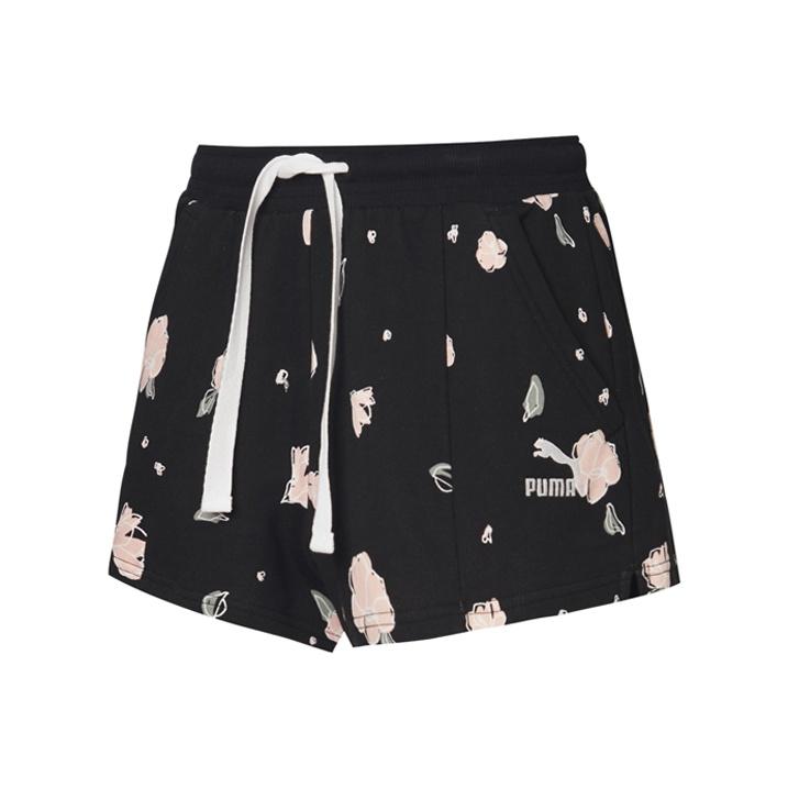 Puma Floral Embroidered Logo Drawstring Mid Waist Loose Print Shorts Women bottoms Black 532045-01