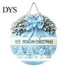 Winter Atmosphere Decor Christmas Wooden Welcome Sign for Front Door, Round Hanging Ornament with Santa Claus Snowman Art Artificial Pine Branches