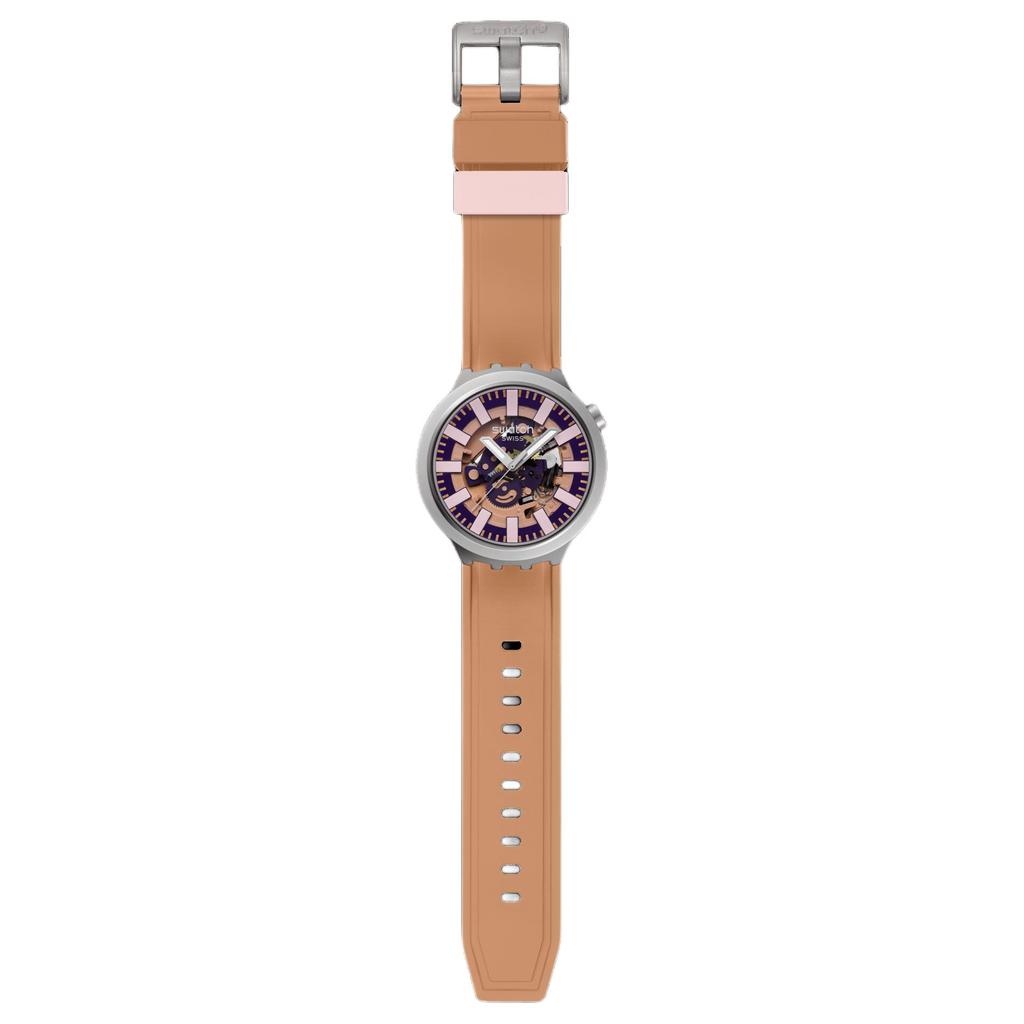 SWATCH Essentials Series Quartz Movement 30 Meters Waterproof Unisex Swiss Watch 47mm Pink Dial Stainless Steel Case Rubber Strap SB07S119