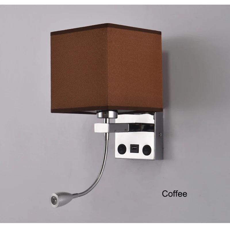 Simple Modern USB Port Charging Wall Lamp Hotel Bedroom Bedside Square Fabric Wall Sconce with Led Spotlight Rocker Switch