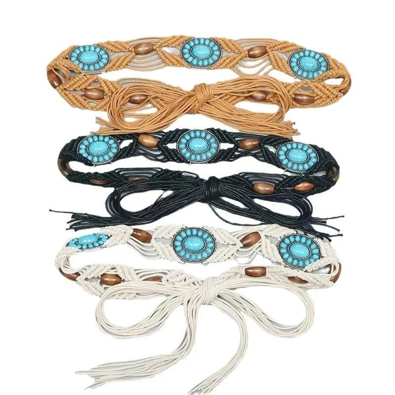 Ethnic Bohemian Leather Waist Rope With Turquoise Resin Beads For Women