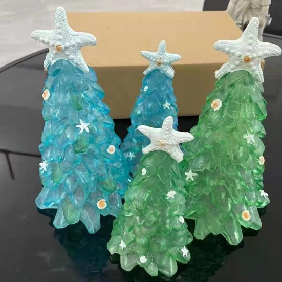 Seaglass Christmas Tree Decoration Blue Green Sea Glass Starfish Shell Ocean-themed Xmas Tree Figurine Holiday Resin Tree Desktop Ornament