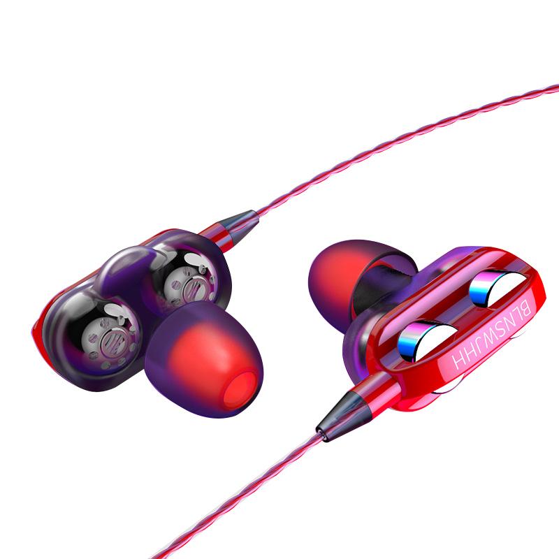 Dual Moving Coil Quad-core Earphones Wire-controlled Earphones Subwoofer Heavy Bass Earphones