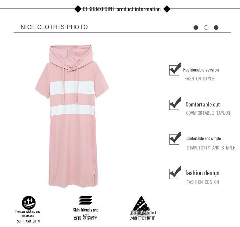 Women's Cotton Hooded Korean Style Slim Fit Summer Dress, Casual Short-Sleeved Mid-Length Skirt