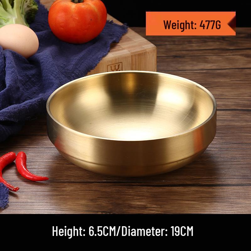 Golden Double-Layer Korean Cuisine Bowl - 304 Stainless Steel, Ideal for Rice, Soup, Kimchi, and Cold Noodles.