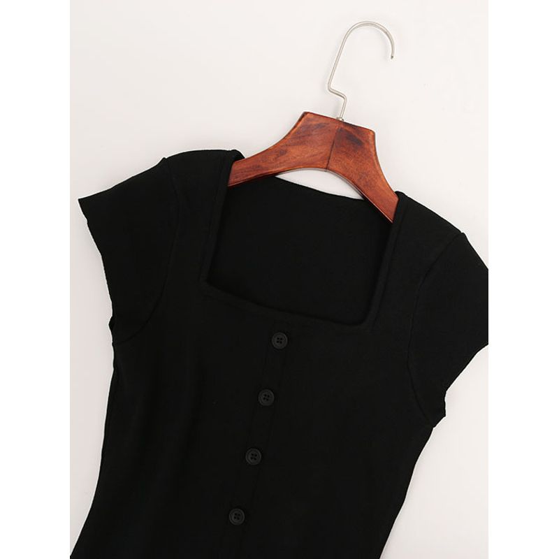 Ice Silk U-Collar Small Flying Sleeve Top Women Summer Western Style Waist Hugging Slimming Design Sense Front Slit Knit T-shirt