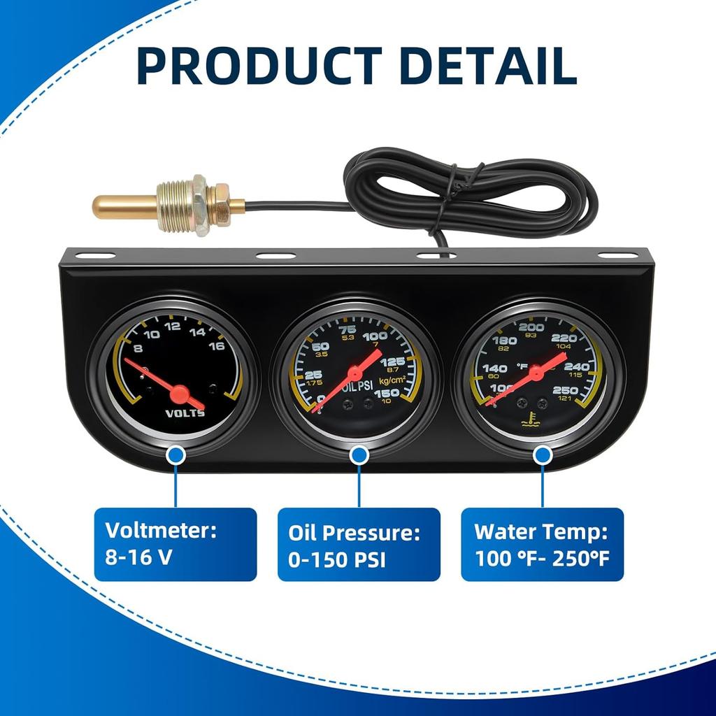 MH 2Inch 52Mm Triple Gauge Set, Oil Pressure Gauge (0-150PSI) Water Temperature (100°F-280°F) Voltmeter Car Auto 3 Gauges Kit