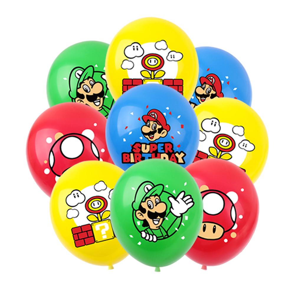 1 x mehrfarbige Happy Birthday-Girlande im Mario-Design mit Cupcake-Toppern und Luftballons