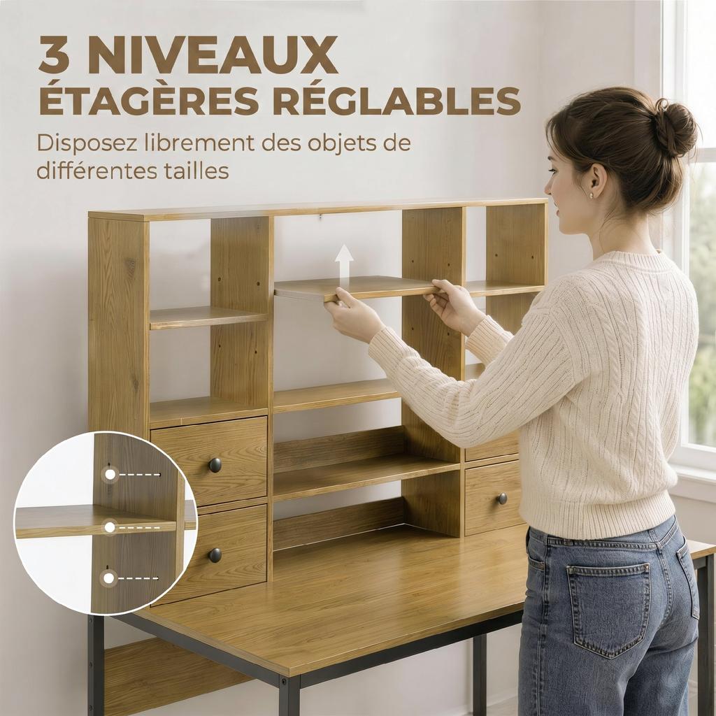 Computer Desk, 4 Drawers, 105 x 60 cm, Open Shelves, Natural Wood