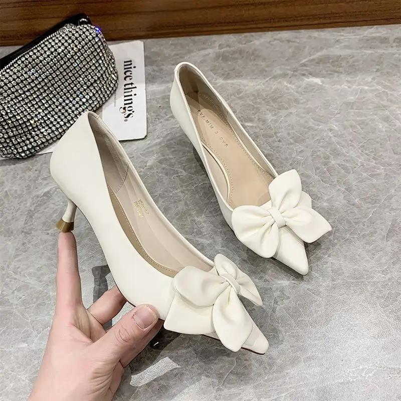 Fashion Office With Bow Off White Women's Shoes Leather Casual Wholesale Non Slip High Quality Fashion Chic Point Footwear Ladies Pumps