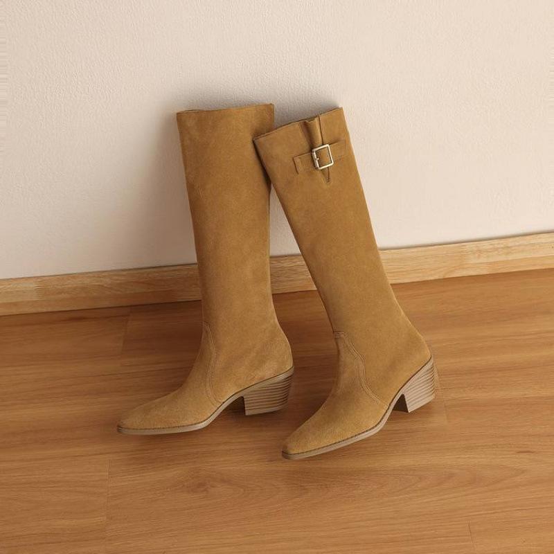 Autumn and winter women's leather boots leather large size women's boots medium heel round head versatile square heel rubber thick-soled sleeve hig