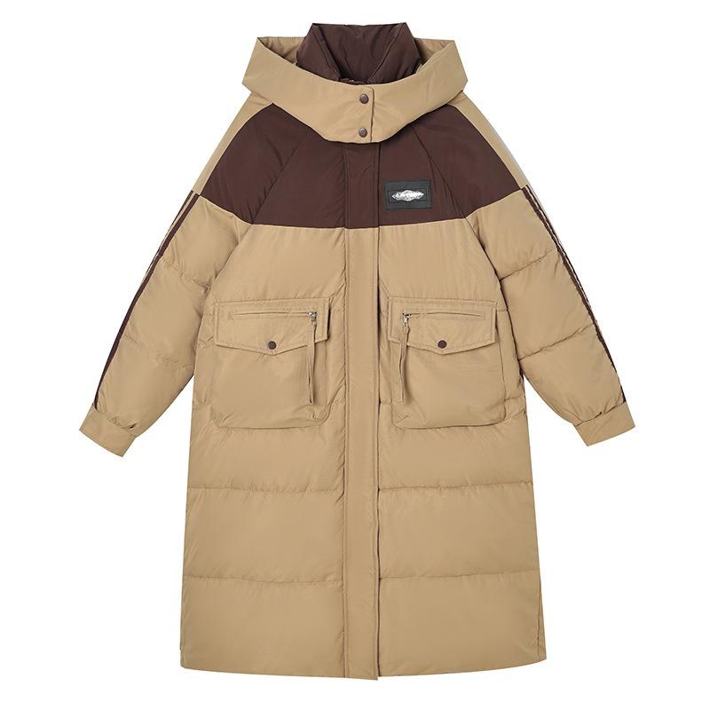 Fashion Down Cotton-padded Clothes Women's Hooded Jacket Over the Knee Loose and Thin Contrasting Colors Long Cotton-padded Jacket Trendy