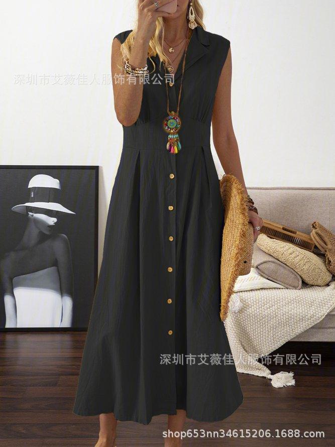 Women's long dress, suit collar, solid color button-down sleeveless swing dress