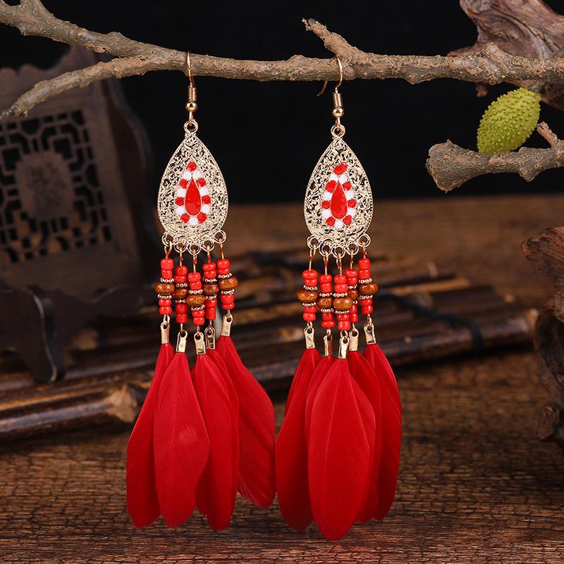 Bohemian Long Tassel Feather Earrings - Trendy Douyin-Inspired Design for Women
