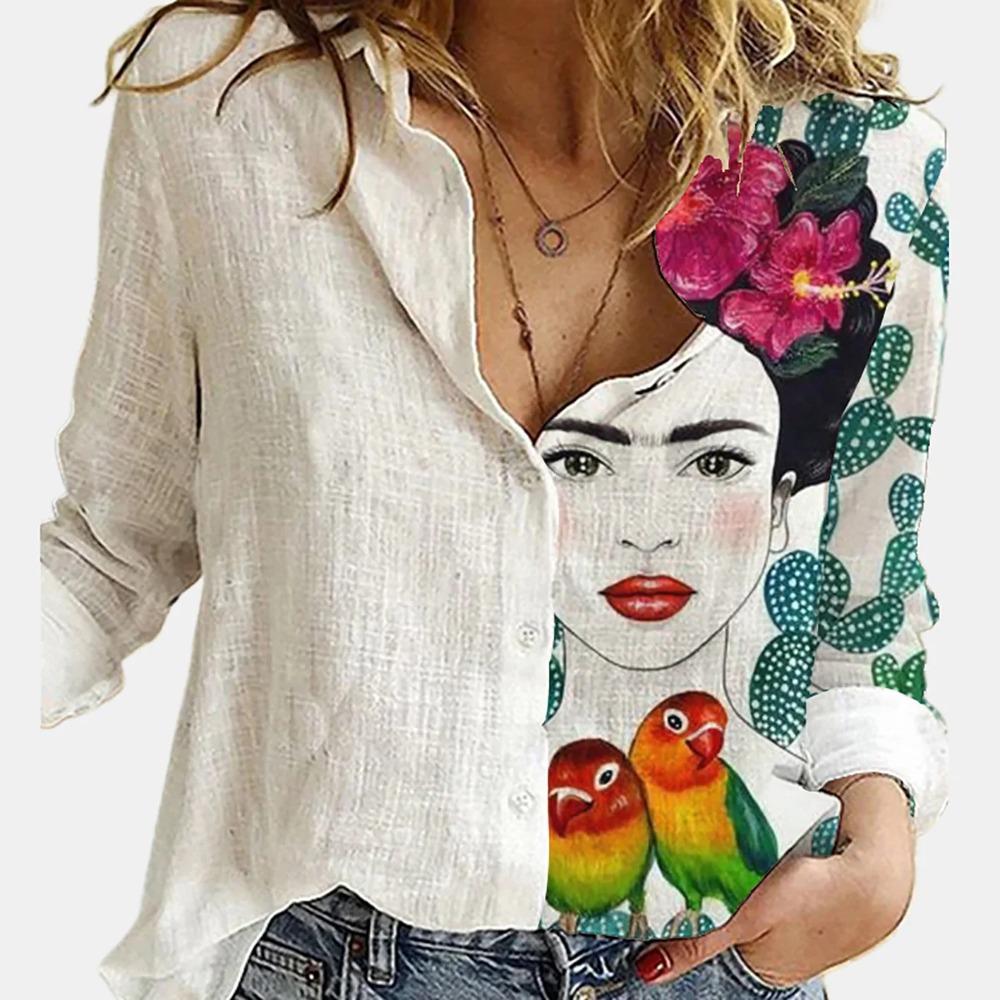 Fashion Stitching Retro Face Print Long Sleeve Blouse Women Lapel Button Casual Top Lady Shirts