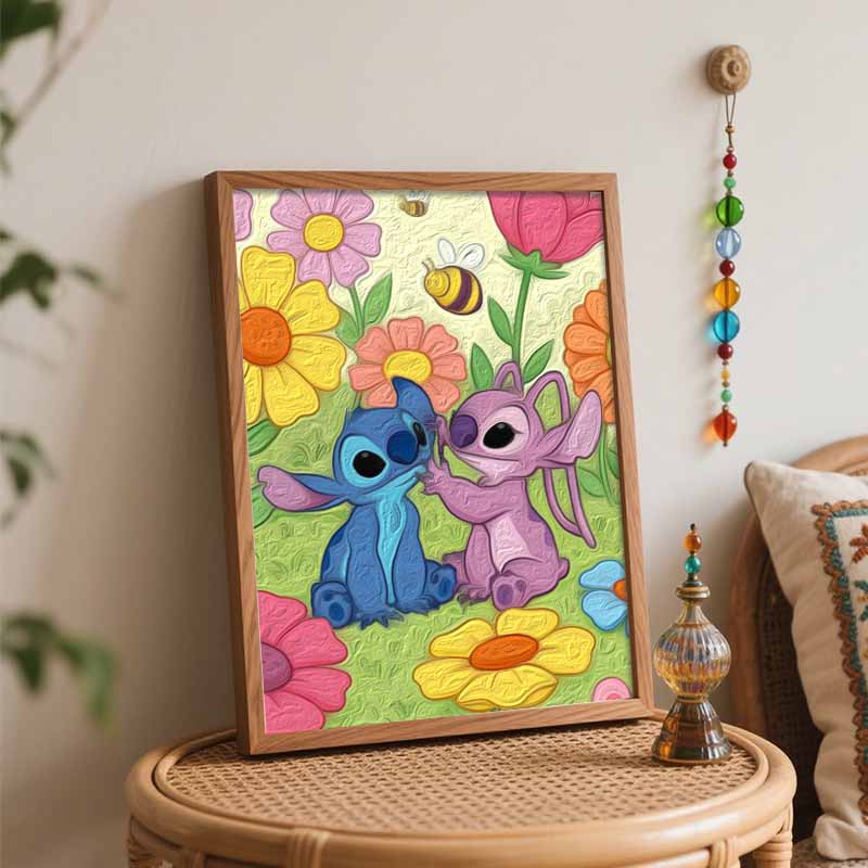 Disney Lilo and Stitch digital oil painting art kit DIY handmade home decoration gift. Floral garden cartoon theme.