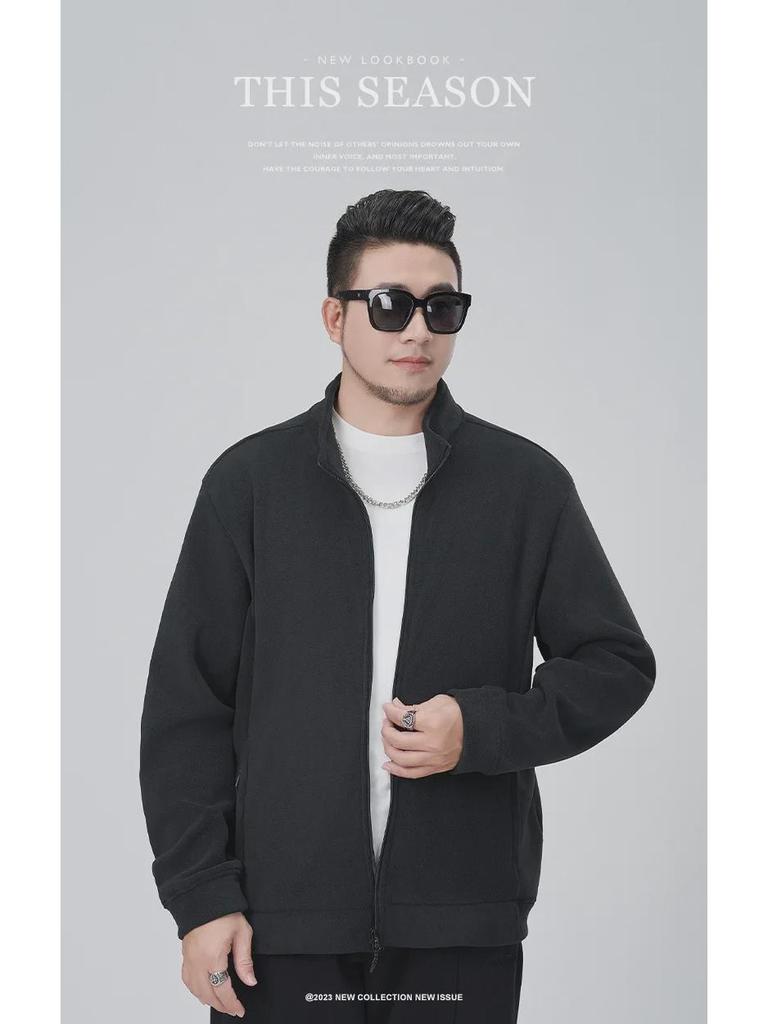 Ao Li Men's Large Velvet Stand Collar Sweater - Winter Thickened Simple Cardigan, Solid Color, All-Match Loose Jacket