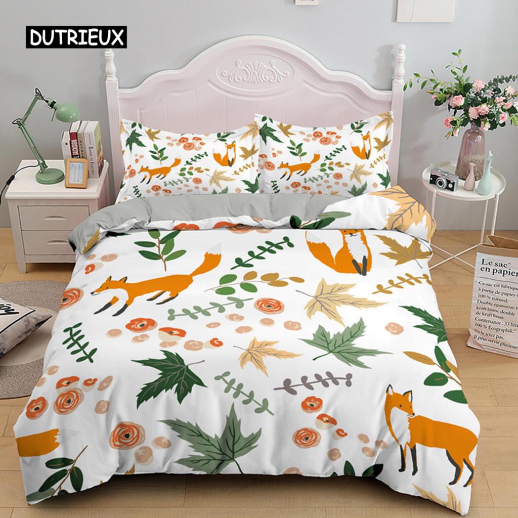 Cartoon Fuchs König Königin Bettbezug Lieblich Orange Tier Floral Bettwäsche Set Kinder Mädchen Blumen Pflanze 2/3tlg. Polyester Steppdeckenbezug