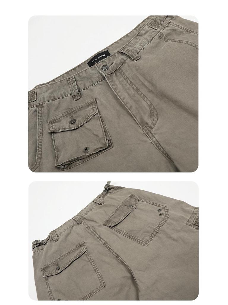 Yongfang Unisex Retro Spodnie Casualowe z Wysokim Stanem i Wieloma Kieszeniami z Kontrastowymi Przeszyciami.