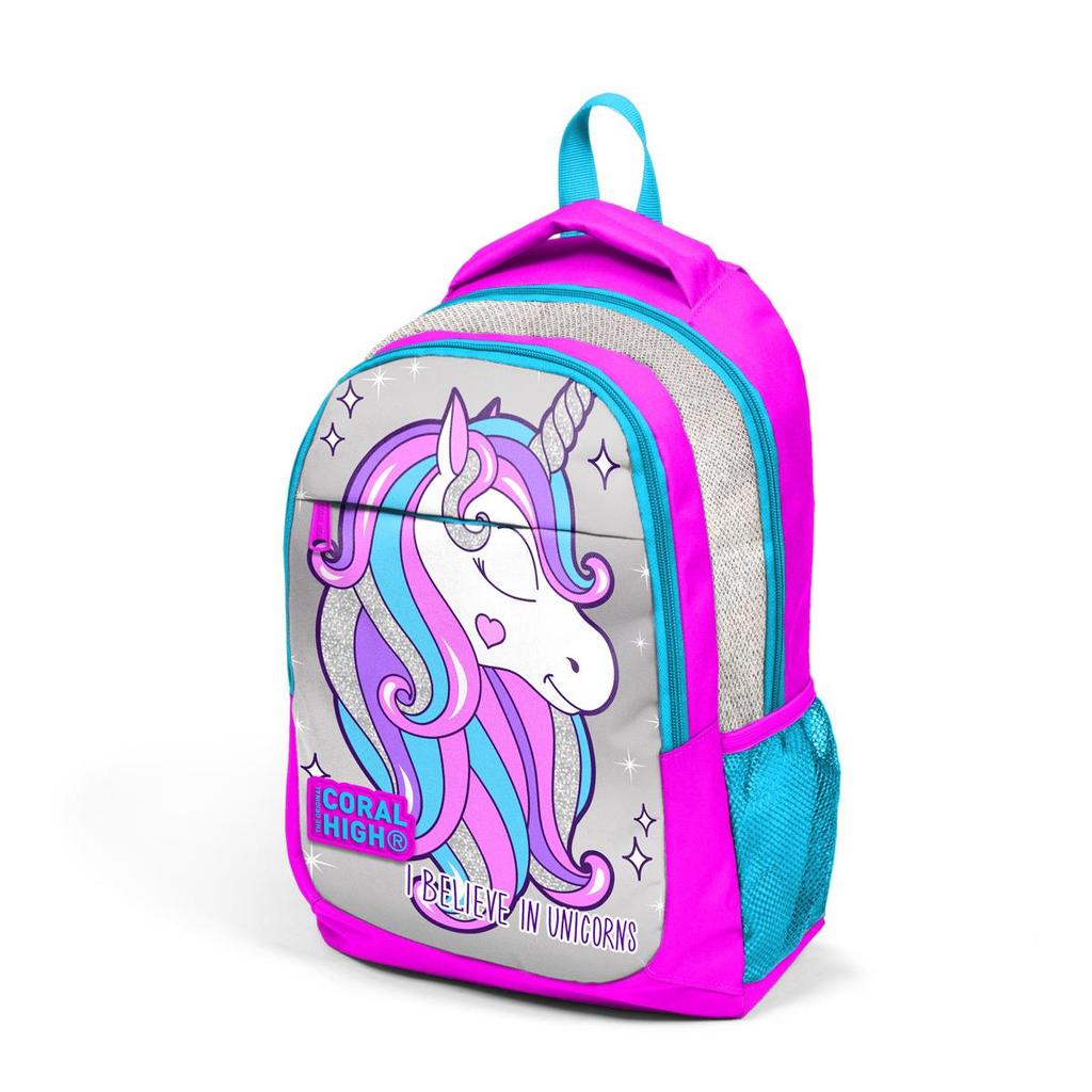 Coral High Kids Rosa Silber Glitzer Einhorn gemusterter Schulrucksack mit drei Fächern 14383