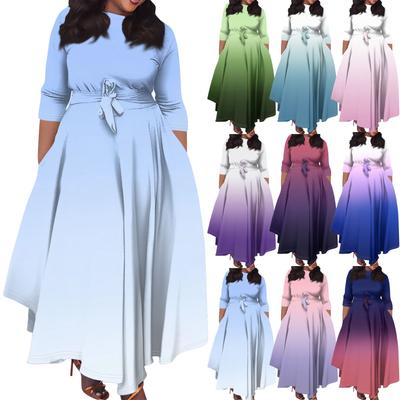 Damen Casual Fashion Große Größe Farbverlauf Druck Rundhals Dreiviertel Ärmel Tasche Träger Swing Kleid