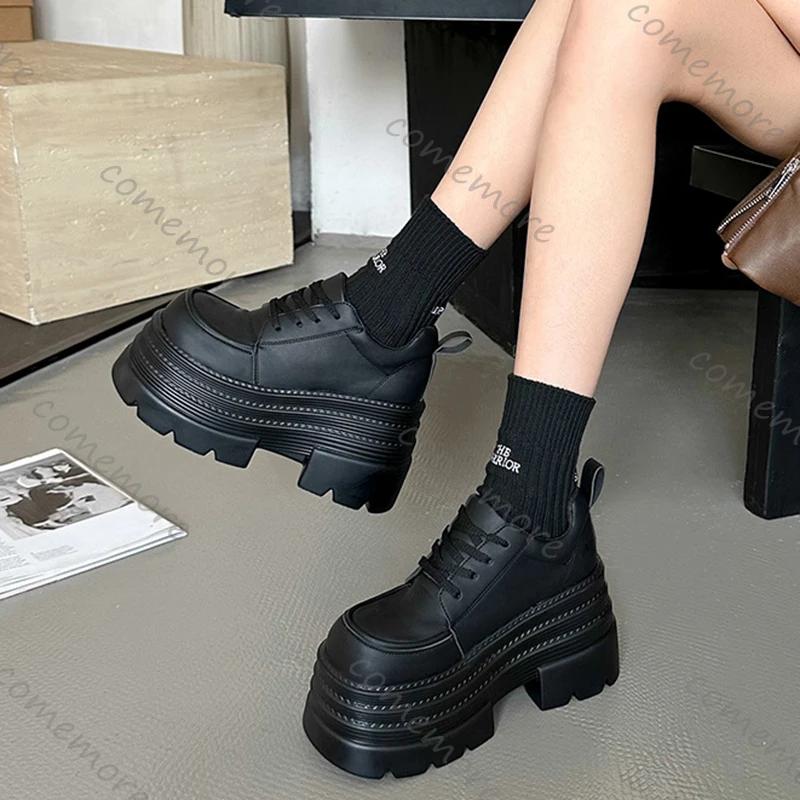 Fashion Thick Bottom Fashion Women Pumps Spring Autumn New Height Increase Black Lace Loafers Female High Heels Shoes