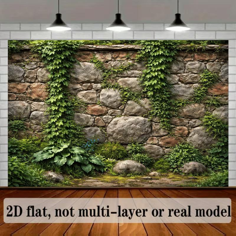 2D Natural Ivy-Covered Stone Wall Backdrop Lush Garden Photo Background