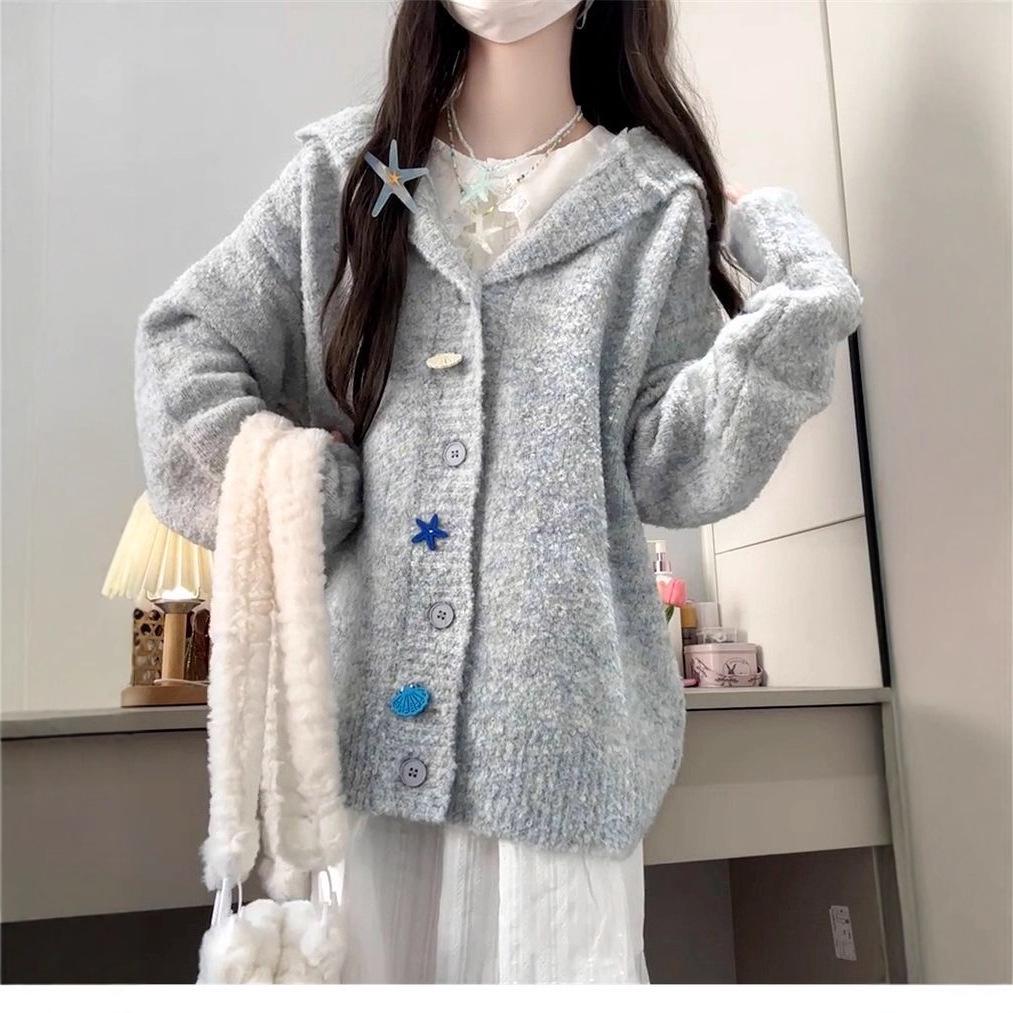 Women's Gray Knitted Hooded Cardigan - New Spring/Autumn Petite High-End Sweater Coat