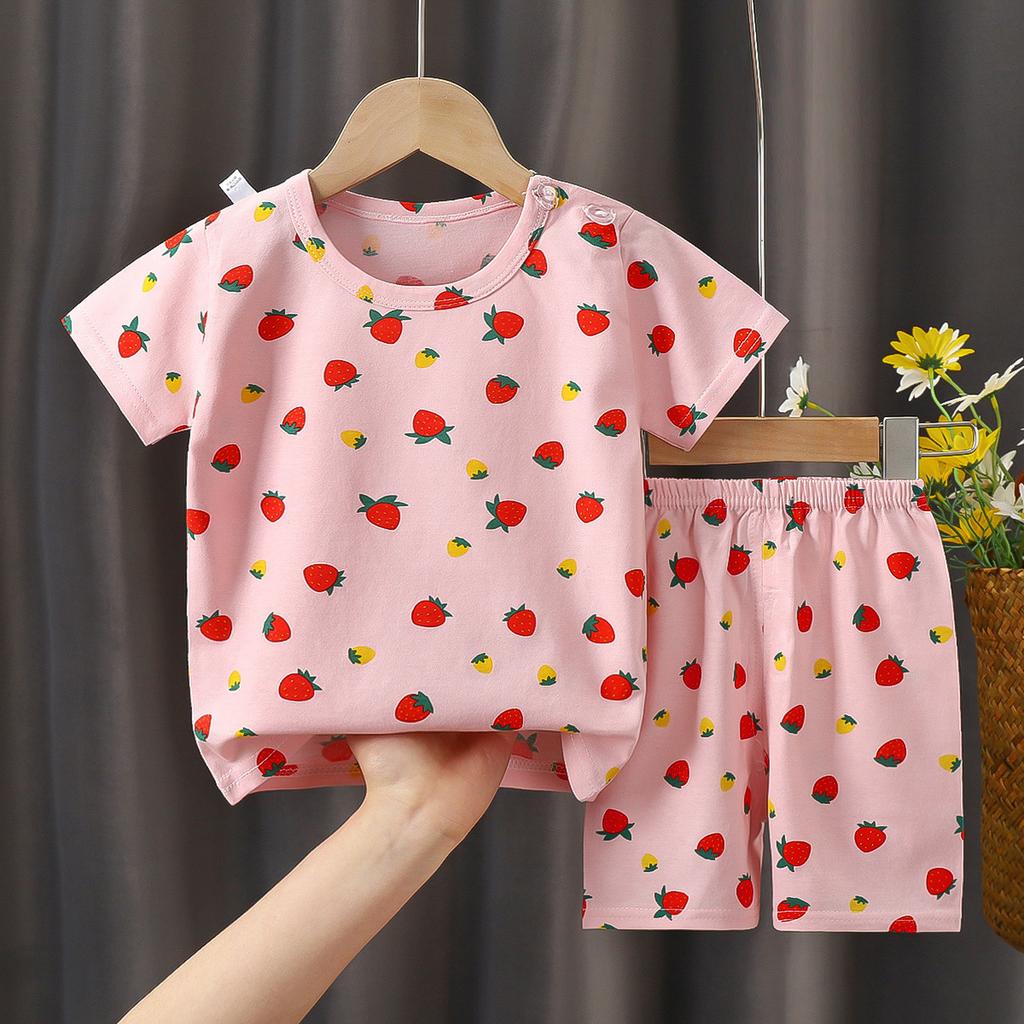 Kids Cotton Short Sleeve 2Pcs Set, Summer Shoulder Snap T-shirt & Shorts for Toddler Boys Girls