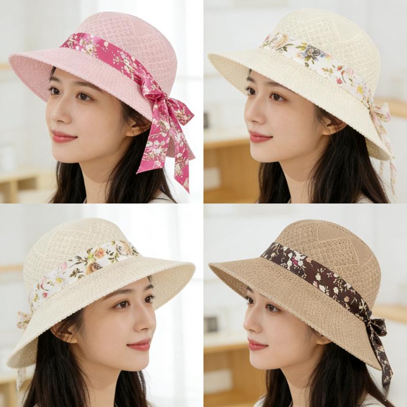 Summer Sun Protection Visor Women's Big-brimmed Straw Hat Streamer Printed Bucket Hat Fashionable Versatile Travel Sun Hat